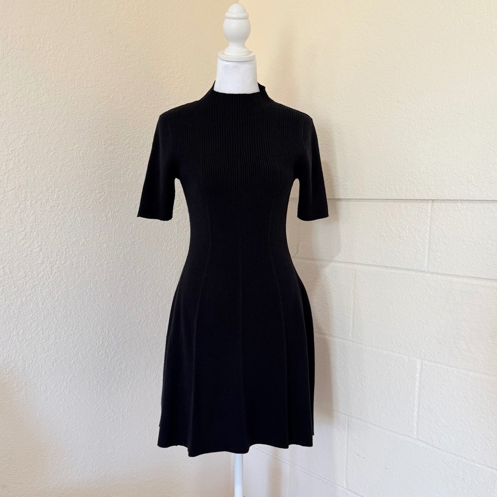 Scoop Fit and Flare Dress Womens Size M Black Ribbed Mock Neck Short Sleeve LBD